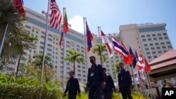Security personnel patrol outside the venue for the upcoming Association of Southeast Asian Nations (ASEAN) summits in Phnom Penh, Cambodia, Wednesday, Nov. 9, 2022. 