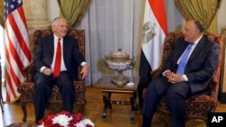 U.S. Secretary of State Rex Tillerson, left, meets Egyptian Foreign Minister Sameh Shoukry, in Cairo, Egypt, Feb. 12, 2018.