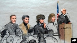 FILE - In this courtroom sketch, Boston Marathon bombing suspect Dzhokhar Tsarnaev, third from right, is depicted with his lawyers and U.S. District Judge George O'Toole Jr. at the federal courthouse in Boston Jan. 6, 2015.