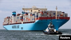FILE - The MV Maersk Mc-Kinney Moller, the world's biggest container ship, arrives at the harbour of Rotterdam August. The 55,000 tonne ship is named after the son of the founder of the oil and shipping group A.P. Moller-Maersk.