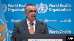 FILE - This handout picture made available by the World Health Organization on Nov. 29, 2021 shows WHO Director-General Tedros Adhanom Ghebreyesus addressing the special session of the World Health Assembly in Geneva. 