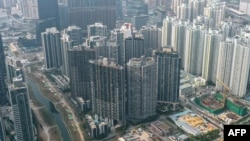 This photo taken on Feb. 21, 2025 shows an aerial view of apartment blocks in the Kai Tak district of Hong Kong.