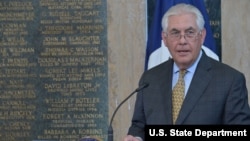 U.S. Secretary of State Rex Tillerson delivers remarks at the U.S. Department of State’s Foreign Affairs Day Memorial Plaque Ceremony at the Department in Washington, May 5, 2017. 