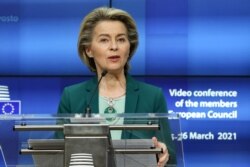 European Commission President Ursula von der Leyen delivers a joint press conference with the European Council President over video conference at the European Council Building in Brussels, Belgium, March 25, 2021.