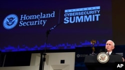 Vice President Mike Pence speaks at the Department of Homeland Security National Cybersecurity Summit in New York, July 31, 2018. 