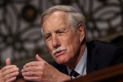 FILE - Senator Angus King speaks at a Senate Armed Services hearing in Washington, April 11, 2019.