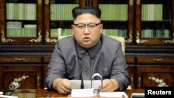 North Korea's leader Kim Jong Un makes a statement regarding U.S. President Donald Trump's speech at the U.N. general assembly, in this undated photo released by North Korea's Korean Central News Agency in Pyongyang, Sept. 22, 2017.