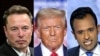 FILE - This combination of pictures created Nov. 12, 2024, shows Elon Musk, left, in Paris, on June 16, 2023; then-Republican presidential candidate Donald Trump, center, in Pittsburgh on Nov. 4, 2024; and entrepreneur Vivek Ramaswamy in Milwaukee, Wisconsin, July 16, 2024.