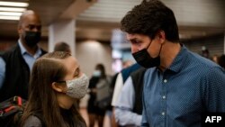 Canadian Prime Minister Justin Trudeau is seen during a meet-and-greet with constituents at the Jarry Metro station in Montreal, Quebec, on the morning of Sept. 21, 2021.