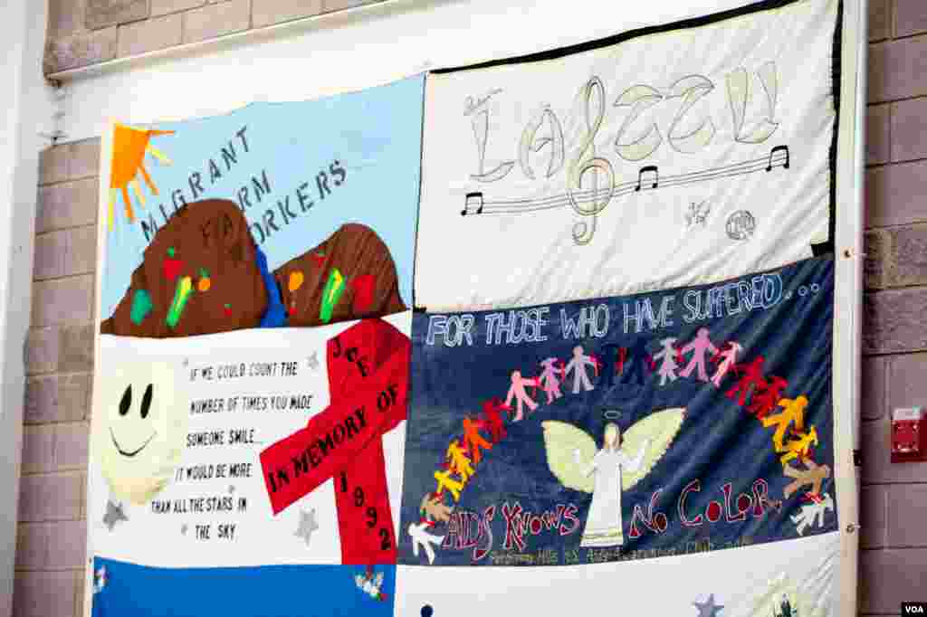 A portion of the AIDS quilt lines the walls of the MCC. (Alison Klein/VOA)