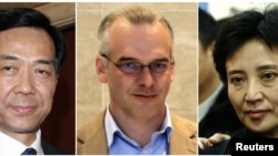 Combination photograph shows Bo Xilai (L-R) as Chinese Minister of Commerce during a meeting in Beijing June 4, 2005; British businessman Neil Heywood at an Aston Martin dealership in Beijing May 26, 2010; and Gu Kailai, wife of China's former Chongqing M