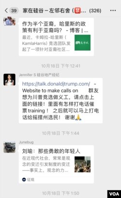 在旧金山湾区的地产经纪人周石群（Jennifer S)作群主的微信群里，她和群友们作为转发和粘贴美国大选相关的信息。（周石群提供）