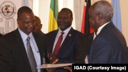 Taban Deng Gai (L), lead negotiator for the South Sudanese armed opposition, exchanges a signed recommitment to stop hostilities agreement with Nhial Deng, lead government negotiator, at an IGAD summit in Ethiopia on Nov. 9, 2014. Opposition leader Riek Machar looks on.