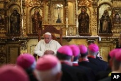 Pope Francis meets with bishops at the archbishop's residence in Lima, Peru, Jan. 21, 2018.