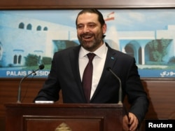 Lebanon's Prime Minister Saad al-Hariri reacts, after the announcement of the new government at the presidential palace in Baabda, Lebanon, Jan. 31, 2019.