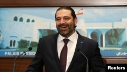 Lebanon's Prime Minister Saad al-Hariri reacts, after the announcement of the new government at the presidential palace in Baabda, Jan. 31, 2019.