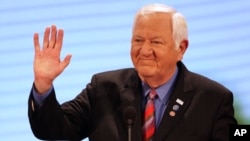 Retired U.S. Marine Corps Col. Orson Swindle, a former POW who shared a cell for a time with John McCain in Vietnam, speaks at the Republican National Convention in St. Paul, Minn., Sept. 2, 2008.