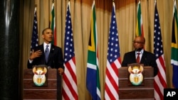 U.S. President Barack Obama and South African President Jacob Zuma address a press conference following their meeting at Union Building in Pretoria, South Africa, June 29, 2013.