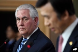 U.S. Secretary of State Rex Tillerson looks on as South Korean Foreign Minister Yun Byung-se speaks during a press conference in Seoul, March 17, 2017.