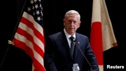 U.S. Defense Secretary Jim Mattis speaks at a joint news conference with Japan's defense minister in Tokyo, Japan, Feb. 4, 2017. 