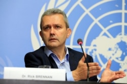 Rick Brennan, regional director for the WHO Eastern Mediterranean Regional Office, speaks during a news conference in Geneva, Switzerland, Sept. 30, 2016.