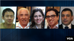 Composite image of five Western-linked detainees held by Iran. From left to right: Xiyue Wang, Baquer Namazi, Nazanin Zaghari-Ratcliffe, Siamak Namazi and Nizar Zakka.