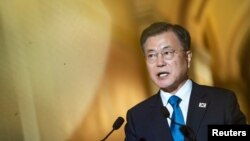 South Korean President Moon Jae-in speaks during a meeting with U.S. House Speaker Nancy Pelosi at the U.S. Capitol in Washington, May 20, 2021.