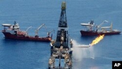 The Transocean Discoverer Enterprise drillship burns off gas collected at the BP Deepwater Horizon oil spill n the Gulf of Mexico off the coast of Louisiana, 25 Jun 2010