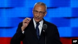 FILE - John Podesta, Hillary Clinton's campaign chairman, speaks during the first day of the Democratic National Convention in Philadelphia , Pennsylvania, July 25, 2016.