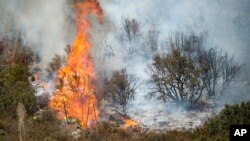 The Blue Cut fire burns in Upper Lytle Creek near Wrightwood, Calif., Aug. 19, 2016. Area residents were still being kept from their homes Saturday, even though evacuation orders were lifted for tens of thousands of others in Southern California.