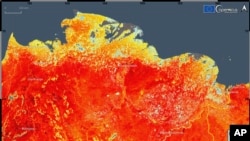 This photo taken on Friday, June 19, 2020 and provided by ECMWF Copernicus Climate Change Service shows the land surface temperature in the Siberia region of Russia. A record-breaking temperature of 38 degrees Celsius was registered in the Arctic town of 