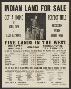 Broadside advertises upcoming land sale by sealed bid allotted by the United States Department of the Interior in 1911.