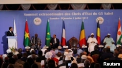 French President Emmanuel Macron speaks during G5 Sahel Summit at the Koulouba Presidential Palace in Bamako, Mali, July 2, 2017.