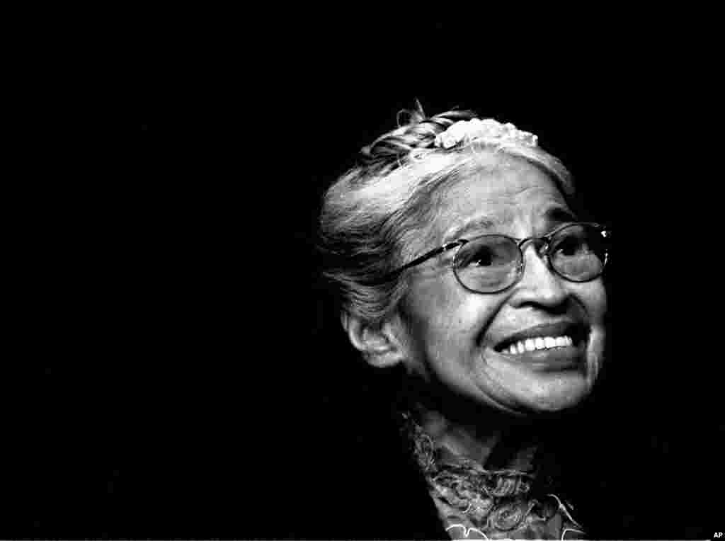 FILE - Rosa Parks smiles during a ceremony where she received the Congressional Medal of Freedom in Detroit, Michigan, Nov. 28, 1999.