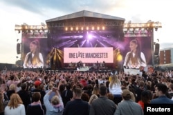 Ariana Grande performs during the One Love Manchester benefit concert for the victims of the Manchester Arena terror attack at Emirates Old Trafford, Greater Manchester, in Britain, June 4, 2017.