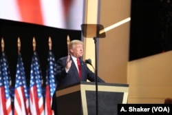Donald Trump speaks to the delegates at the Republican National Convention, in Cleveland, July 21, 2016.