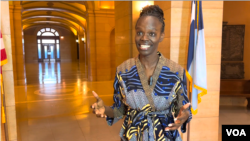 In this photo taken from video, Huldah Momanyi Hiltsley, who was born in Kenya and immigrated with her family to the United States, speaks at the Minnesota State Capitol on Nov. 8, 2024, about her election as the first Kenya-born member of the Minnesota House of Representatives.