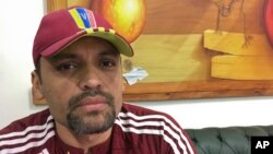 This Nov. 8, 2019 photo shows Lt. Col. Illich Sanchez, part of a group of Venezuela troops holed up for seven months in a foreign embassy after revolting against President Nicolas Maduro. 