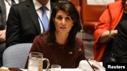 U.S. Ambassador to the United Nations Nikki Haley delivers remarks at a security council meeting at U.N. headquarters during the United Nations General Assembly in New York City, Sept. 21, 2017.