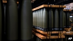 FILE - 155 mm artillery projectiles are stored at the Scranton Army Ammunition Plant in Scranton, Pennsylvania, April 13, 2023. 