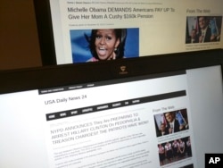 FILE - This photograph taken in Paris on Dec. 2, 2016, shows stories from USA Daily News 24, a fake news site registered in Veles, Macedonia.