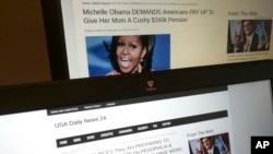 FILE - This photograph taken in Paris, Dec. 2, 2016, shows stories from USA Daily News 24, a fake news site registered in Macedonia. 