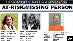 Oglas Saobraćajne policije u Oklahomi koji s lijeva na desno pokazuje Ajvi Vebster, Britani Bruer i osuđivanog seksualnog prestupnika Džesija Mekfadena, čiji nestanak je prijavljen 1. maja 2023. godine. (Foto: AP/Oklahoma Highway Patrol)