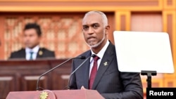Mohamed Muizzu, the newly elected president of Maldives, speaks during his inauguration ceremony in Male on Nov. 17, 2023.