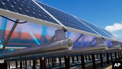 FILE - Solar panels that are part of the Wright-Hennepin Cooperative Electric Association's community gardens are shown in Rockford, Minn., Feb. 26, 2015. Community solar gardens allow customers who cannot put up solar panels to buy into the green energy boom anyway. 