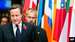 FILE - British Prime Minister David Cameron (L) walks past EU member state flags as he departs from an EU summit in Brussels Oct. 24, 2014.