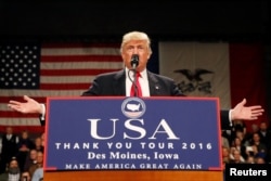 U.S. President-elect Donald Trump speaks at the USA Thank You Tour event in Des Moines, Iowa, Dec. 8, 2016.