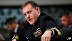 U.S. Cyber Command and National Security Agency Director Admiral Mike Rogers testifies on Capitol Hill in Washington before the Senate Armed Services Committee, May 9, 2017.