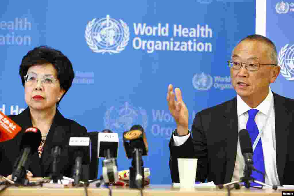 World Health Organization (WHO) Director-General Margaret Chan sits next to Keiji Fukuda, WHO&#39;s Assistant Director-General for health security after an emergency meeting. The WHO announced that West Africa&#39;s epidemic of Ebola is an &quot;extraordinary event&quot; and now constitutes an international health risk, in Geneva, Aug. 8, 2014.