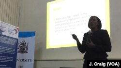 Linda Ochiel, commissioner of Kenya's National Cohesion and Integration Commission, speaks to about 60 students from institutions around Kenya on the topic of radicalization during the University Student Leaders Summit, held at the University of Nairobi on Nov. 23, 2016. 